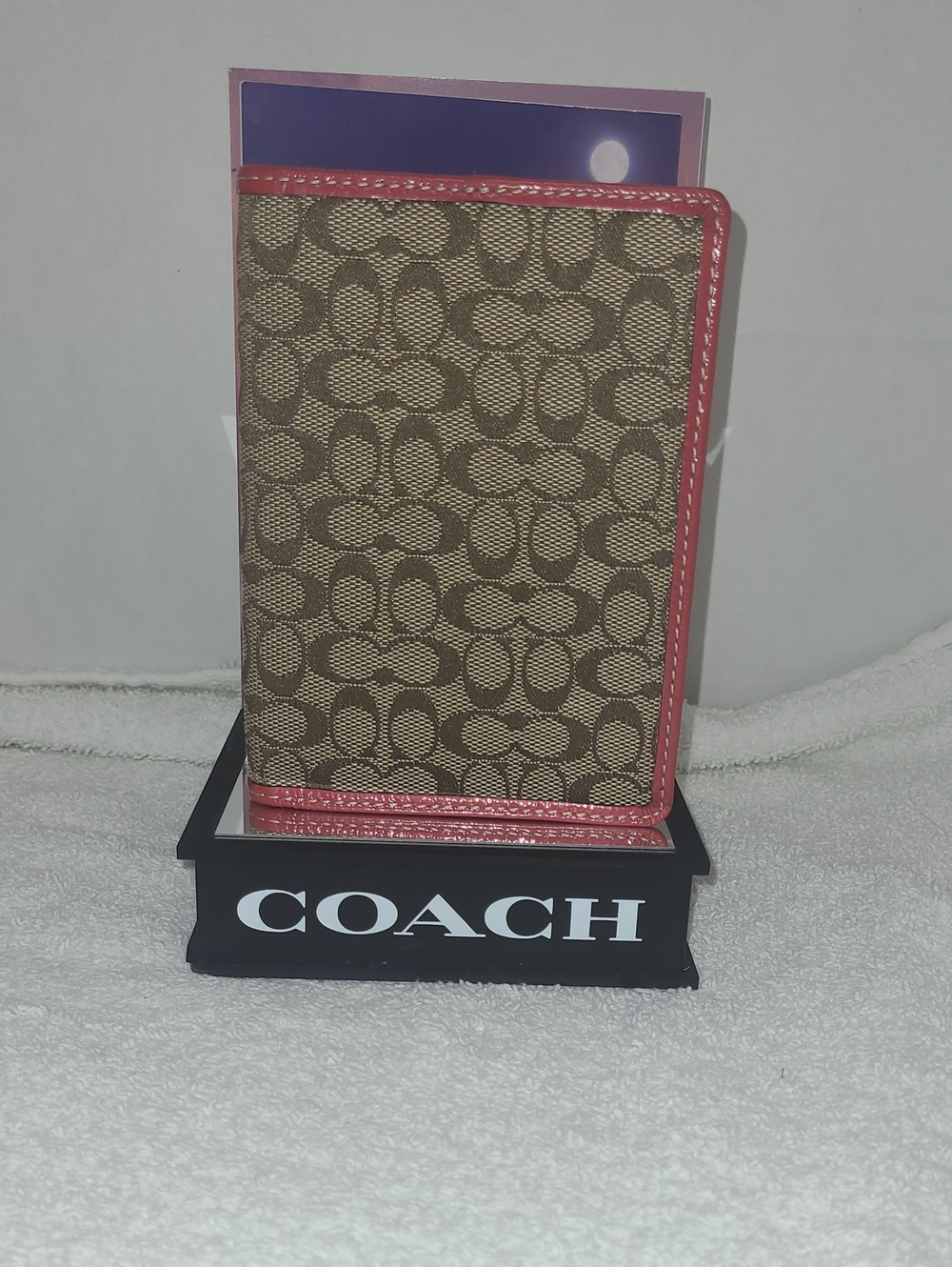 Coach Brown Signature Canvas Passport Cover with Pink Trim